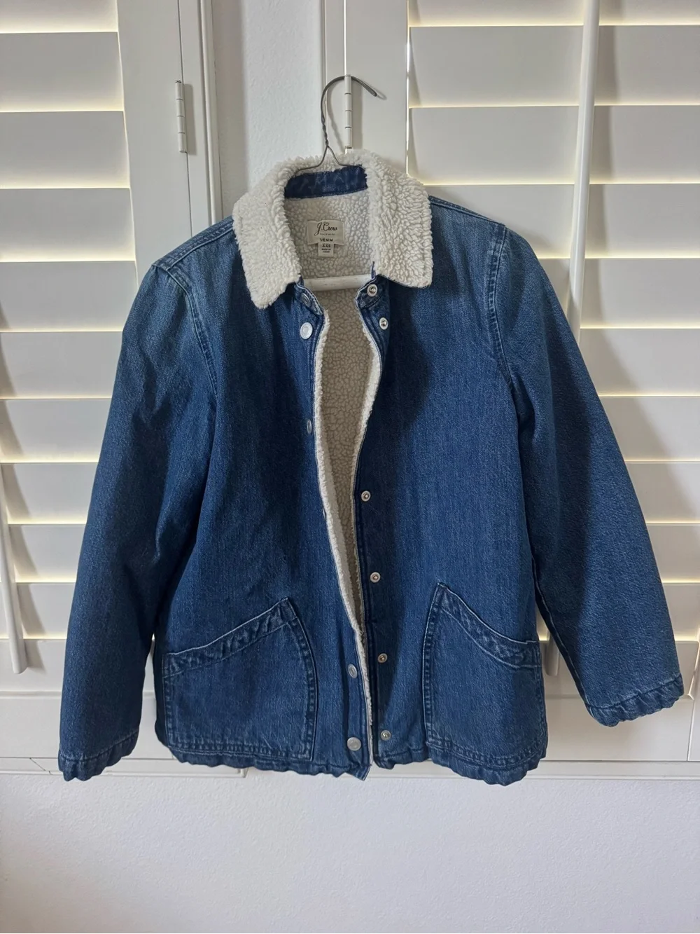 J. Crew Dark Blue Denim Sherpa-Lined Jean Jacket with Cream Collar